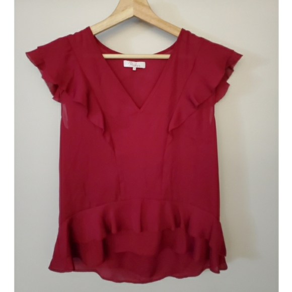 Parker Women's V Neck Short Sleeve Ruffle Blouse in Beetroot SZ XS - Picture 5 of 7